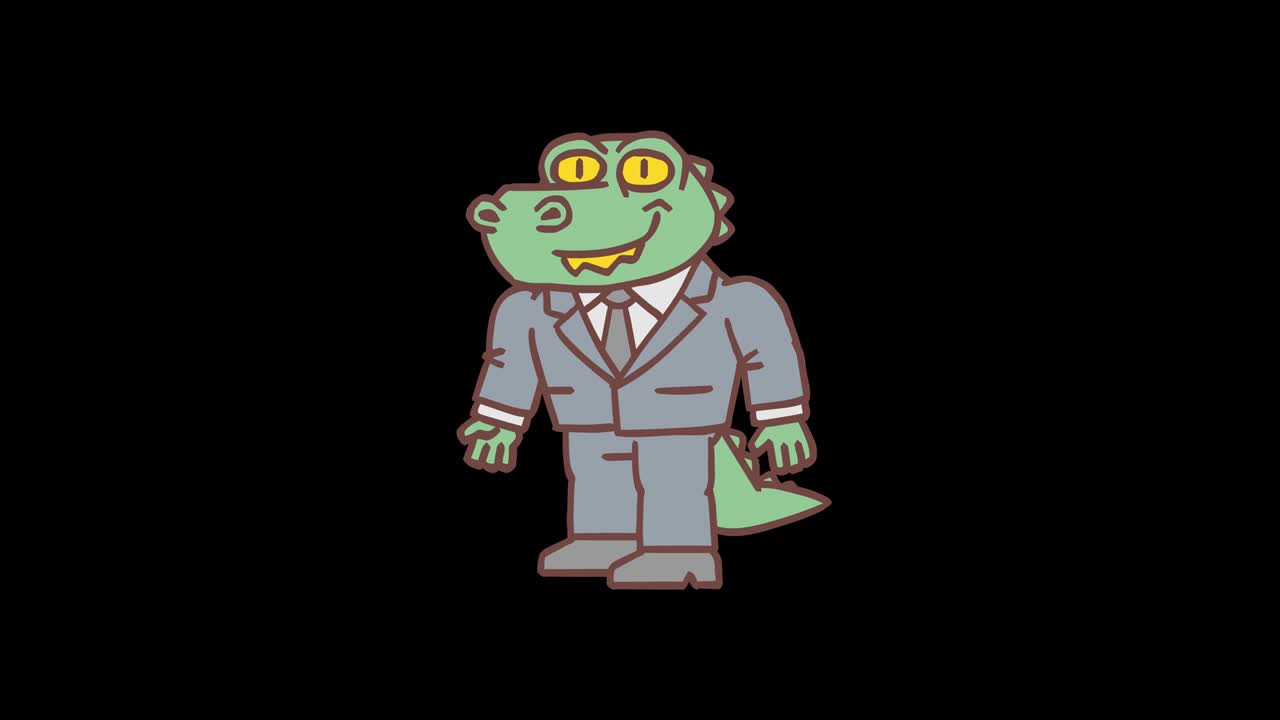 el cocodrilo señala con los dedos y sonríe. animación cuadro por cuadro. canal alfa
