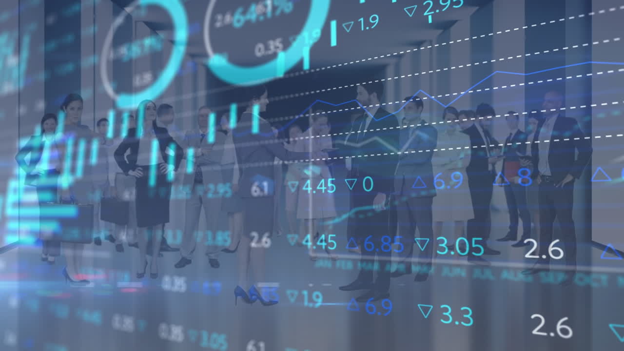 Animation of digital interface and financial data processing over business people