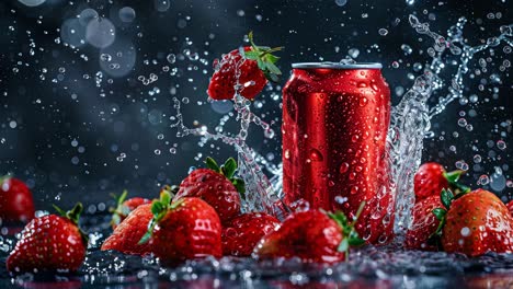 strawberries and red drink can with splash