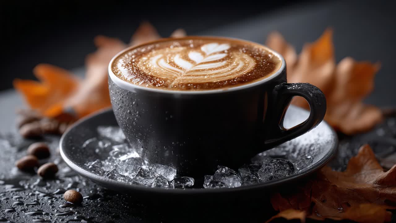 A Beautifully Crafted Cup of Latte Art Surrounded by Autumn Leaves and Coffee Beans, Capturing the Essence of Fall and Warmth in Every Sip