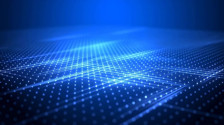 Vista ad angolo basso di linee a griglia ciano e punti luminosi equidistanti che formano percorsi simili a circuiti su un piano blu profondo, con motivi diagonali, prospettiva nitida, leggera foschia e profondità digitale moderna