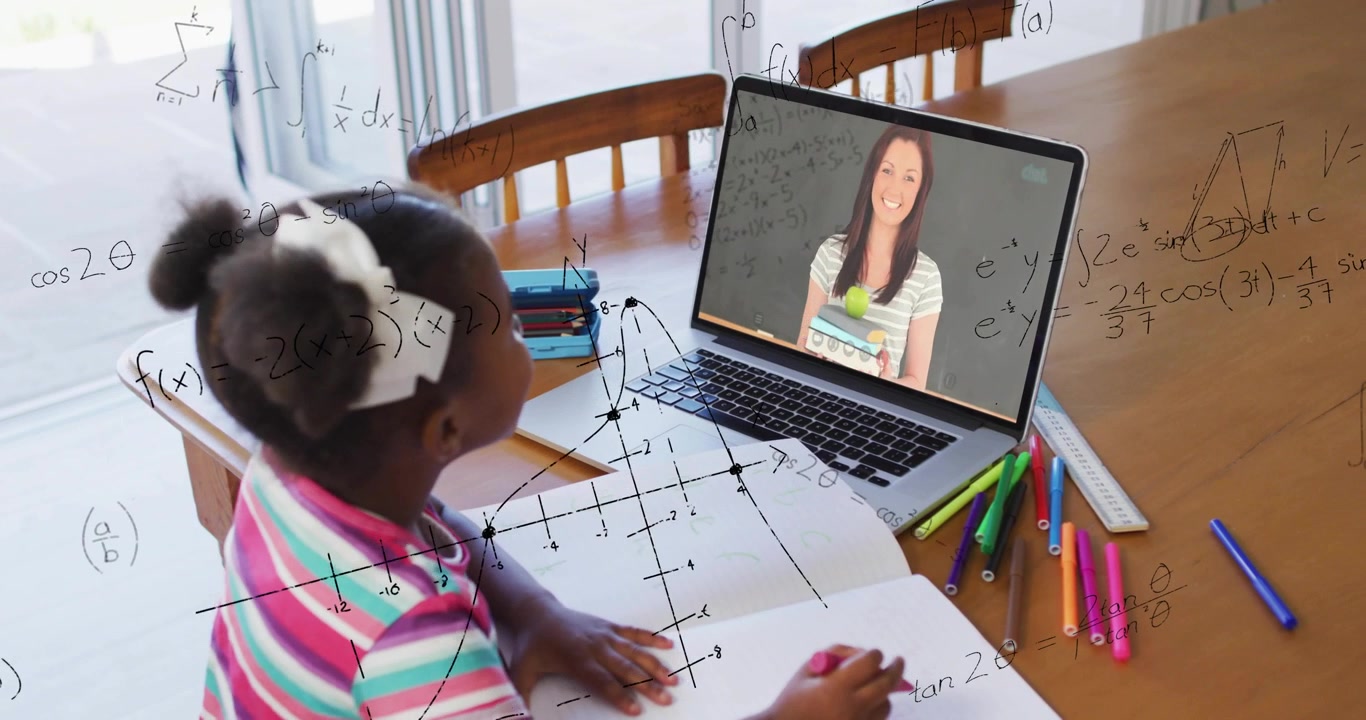 Young Girl Learning Math from Online Teacher on Laptop
