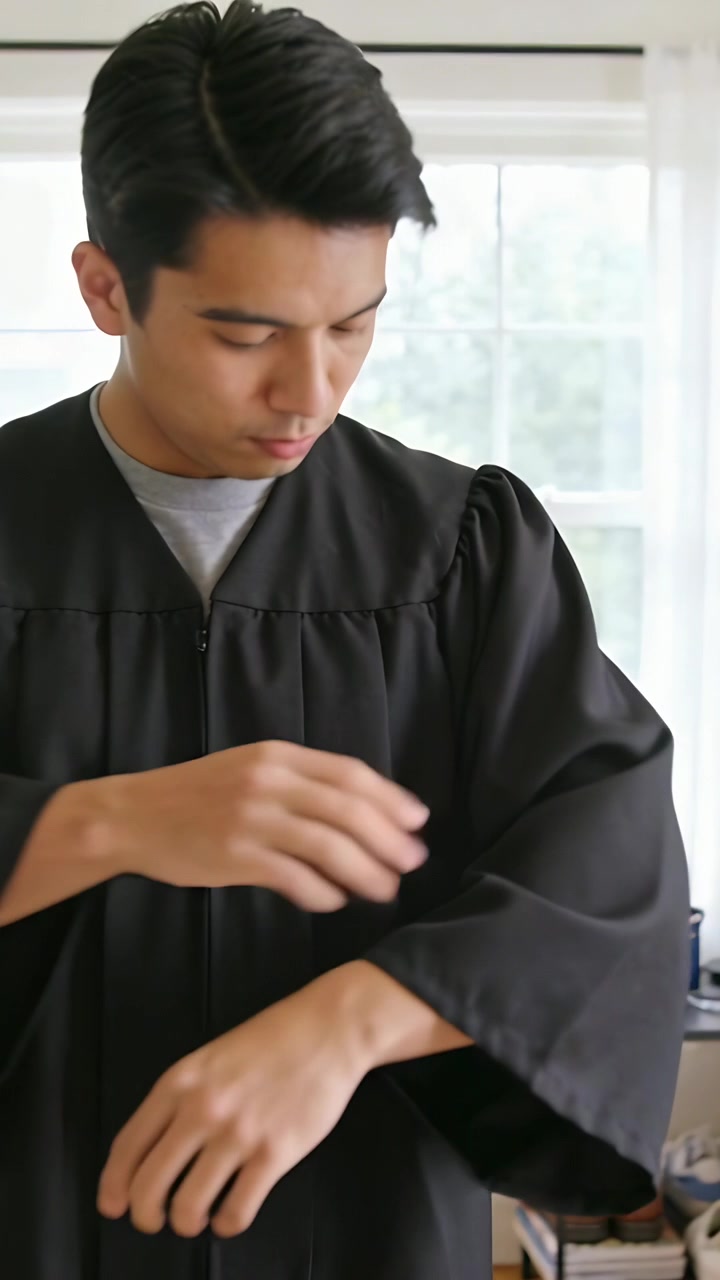 Video verticale: Guardando in basso, un uomo asiatico allaccia e sistema una toga nera a casa per la laurea