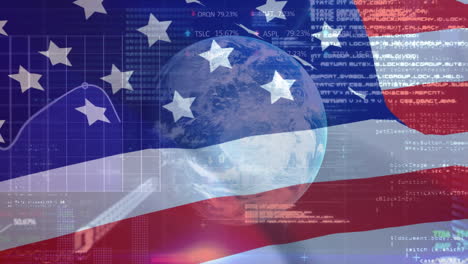 financial data processing and globe against american flag waving