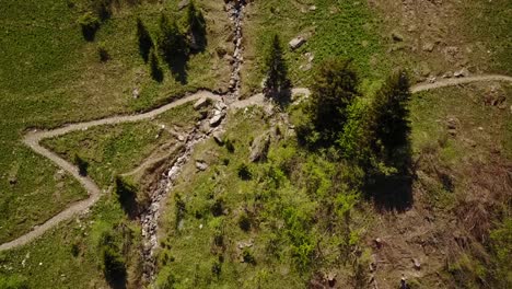 view of a hiking trail crossed by a mountain river, in the swiss alps