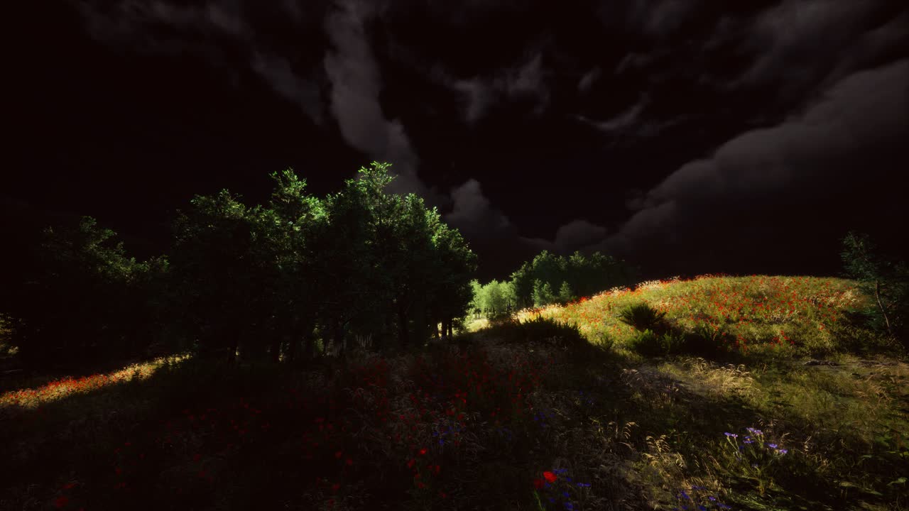 nubes de tormenta eléctrica con relámpagos en el prado verde