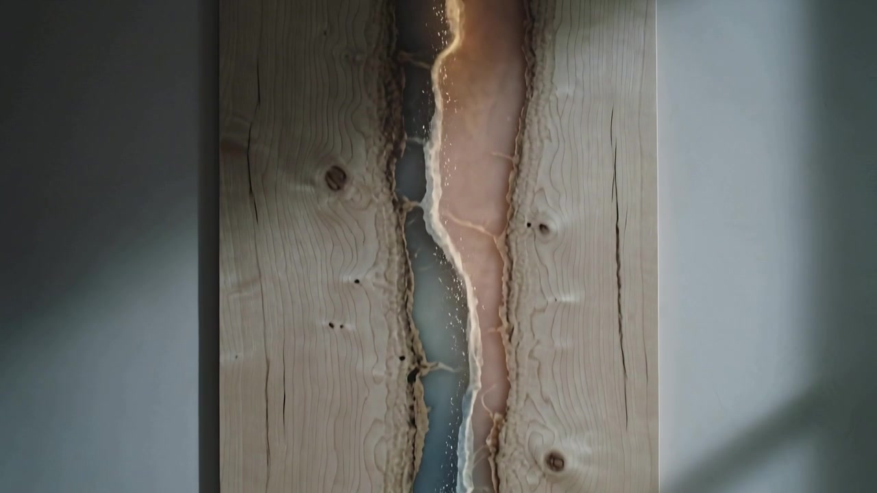 Rising camera showing wooden panel leaning in home studio, highlighting epoxy river glittering