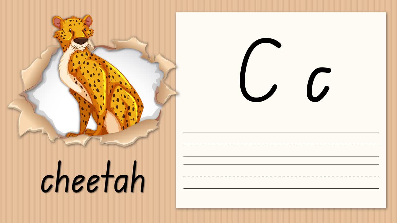Animated educational video teaches the letter C using a cheetah illustration and handwriting practice