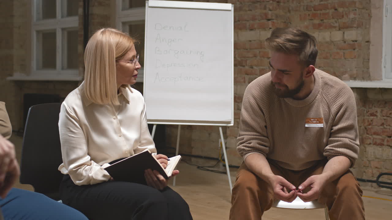Alcoholic Man Talking to Female Psychologist