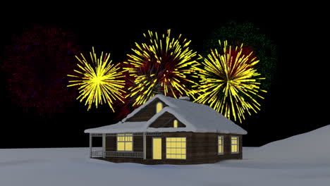 animación de coloridos fuegos artificiales de navidad y año nuevo explotando en el cielo nocturno sobre la casa en la nieve