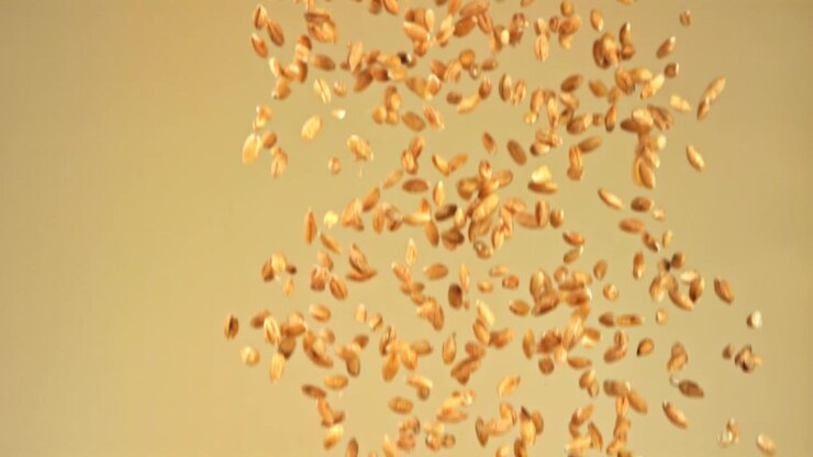 Chicchi di grano dorati che cadono al rallentatore su sfondo beige.