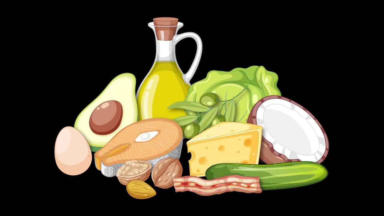 Animated healthy food group illustration smoothly transitions on black background, highlighting various nutritious ingredients