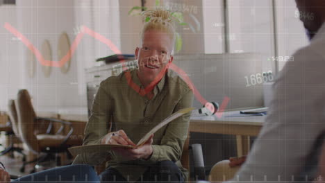 animación de la línea roja y procesamiento de datos sobre el hombre albino afroamericano en el cargo
