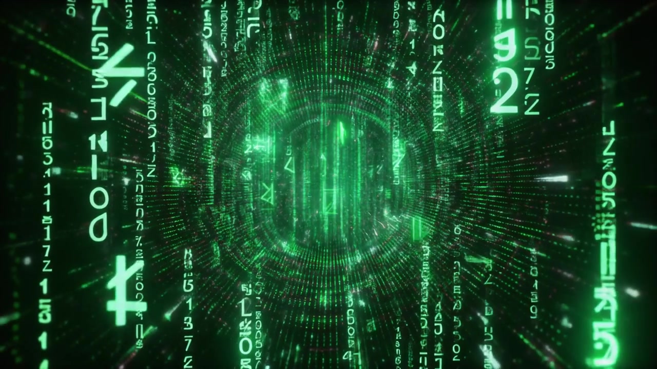 Digital Data Tunnel with Glowing Green Binary Code