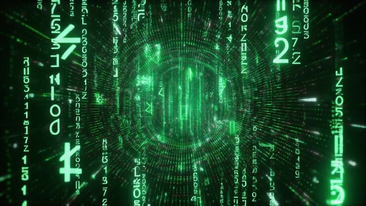 Digital Data Tunnel with Glowing Green Binary Code