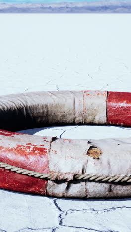 a worn life preserver in the desert