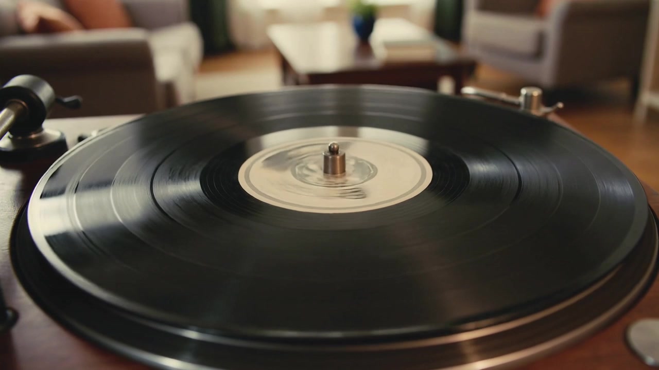 Disco in vinile che gira in riproduzione su giradischi in soggiorno, con braccio di lettura a riposo.
