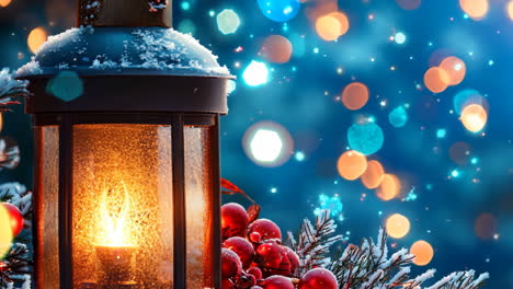 A candle in a lantern is lit on a snowy surface. The scene is serene and peaceful, with the candle providing a warm and inviting glow. The snow-covered ground and the lantern create a cozy atmosphere