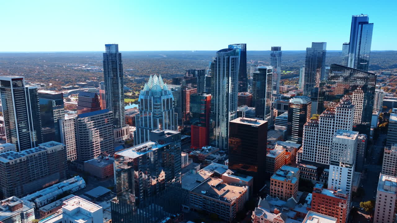 Austin, USA, 21 November 2025: Gorgeous modern high-rise architecture lit by the bright sun. Drone flight above the beautiful downtown of Austin, Texas, USA at daytime