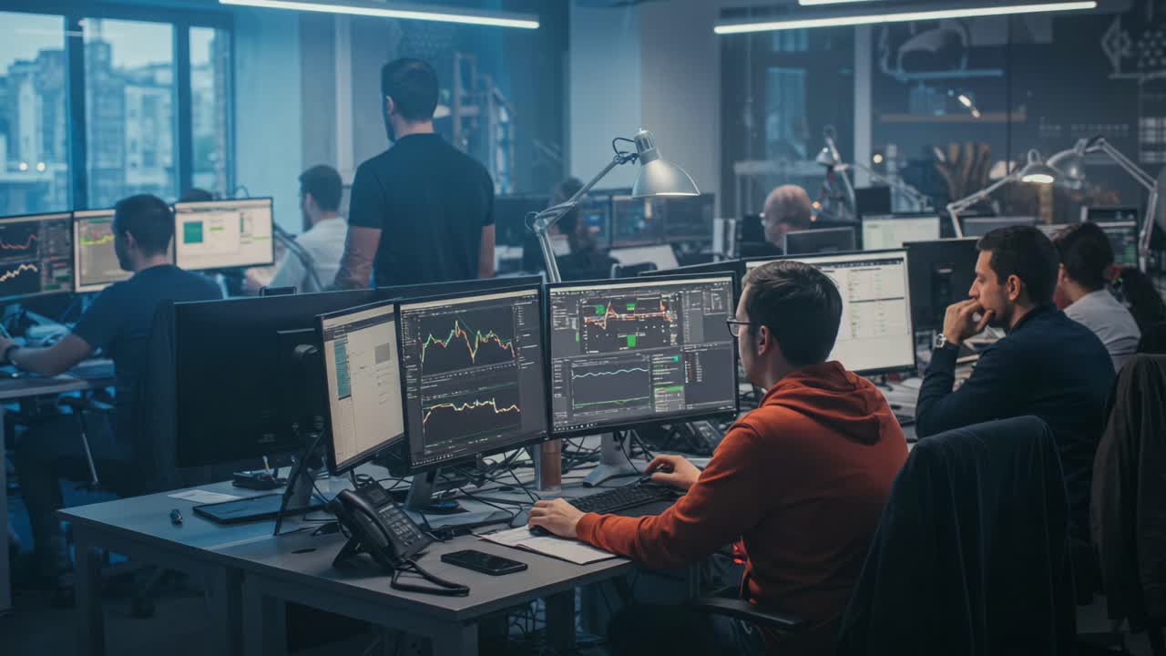 A Dynamic Trading Floor with Traders Analyzing Market Data on Multiple Monitors, Showcasing a Collaborative Environment Focused on Financial Analysis and Strategy