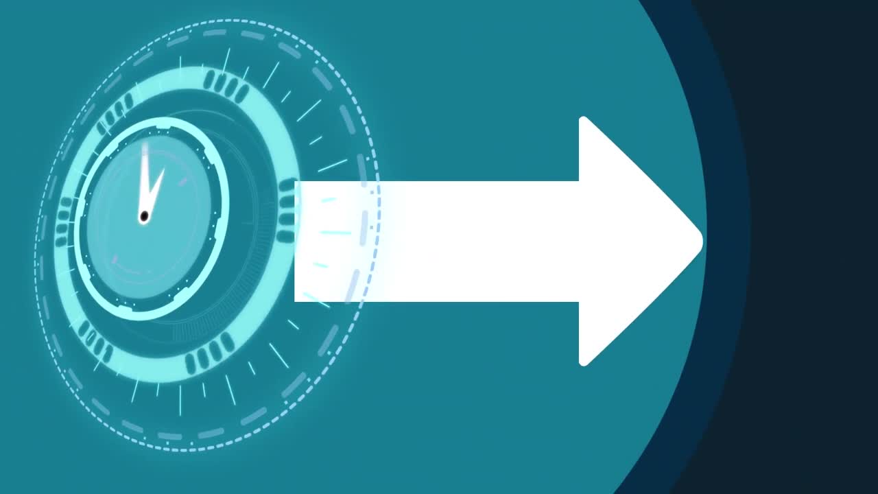 animación de reloj en movimiento y flecha sobre fondo azul cambiando a rosa