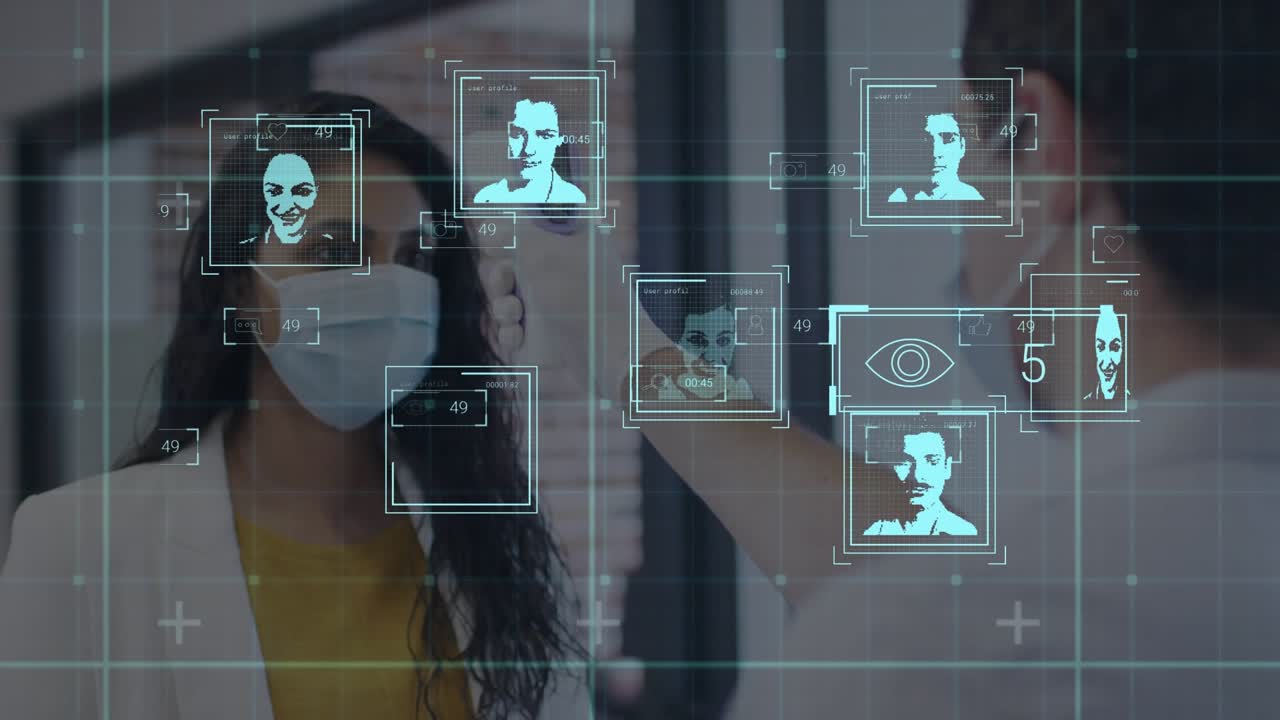 Animation of people icons over businesswoman taking temperature with face mask