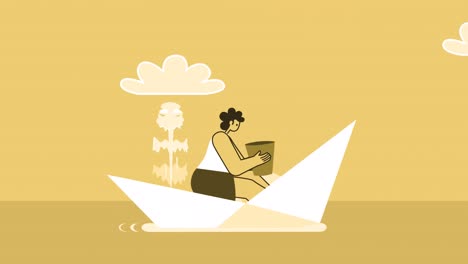 yellow style woman flat character bail water out water from sinking paper boat. isolated loop animation