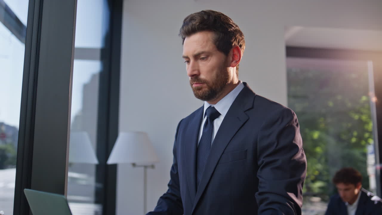 Director browsing laptop cafe thinking project zoom on. Ceo sipping beverage