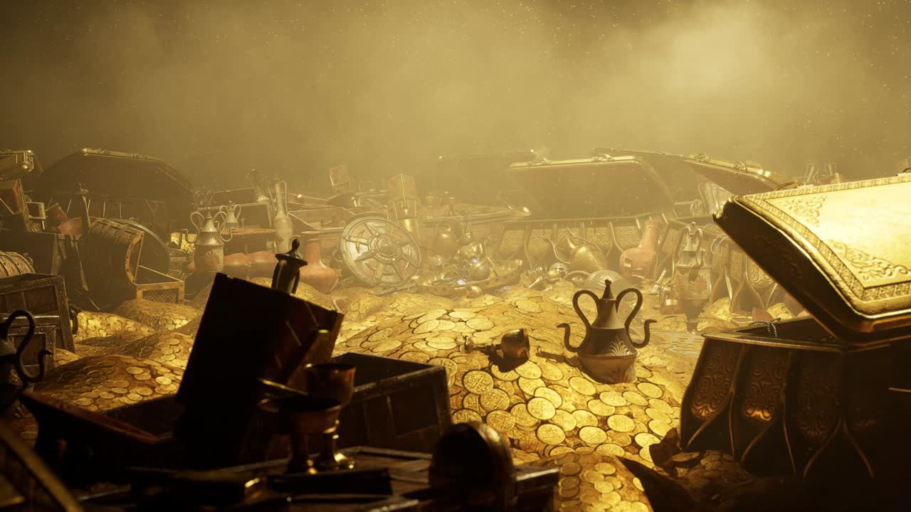 금 동전, 금 유물, 동전, 보석 및 다른 귀중한 물건으로 가득 찬 상자, 먼지 입자, 3d 애니메이션 카메라 팬 바로