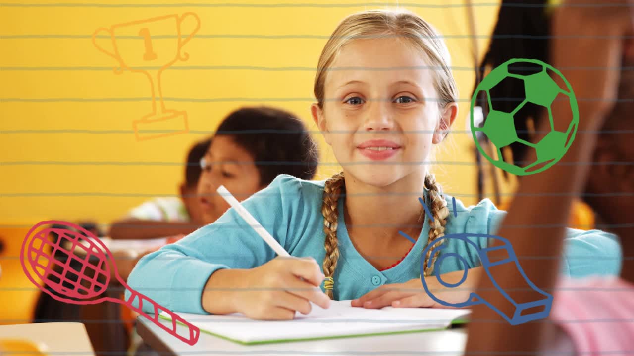 Video verticale: Ragazza che scrive per studio, con una matita che genera scarabocchi sportivi animati che ispirano un sorriso.