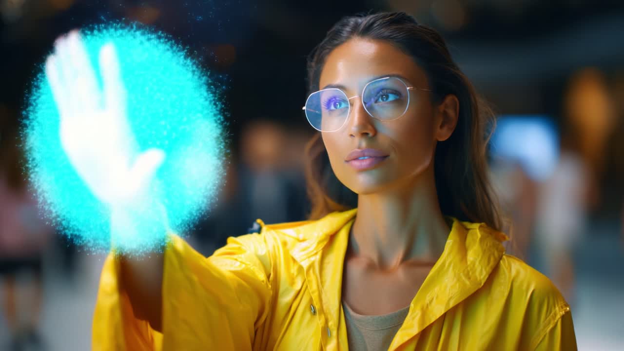 Una donna con un impermeabile giallo usa la mano per creare un'immagine ipnotica di particelle scintillanti, mostrando un'immaginativa fusione tra realtà e magia