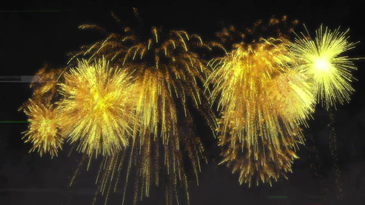 Tras un parpadeo intermitente, fuegos artificiales estallan y se fusionan en una cortina de chispas fluida para iluminar el cielo.