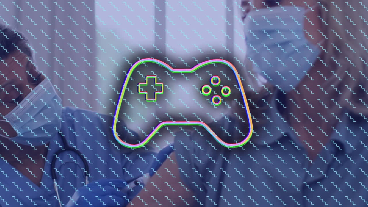 animación de formas y iconos de gamepad sobre diversos médicos y pacientes.