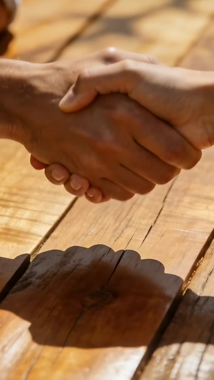 Vertical video: Moving into frame two hands clasping on sunlit wood deck, shadow shifting, agreeing