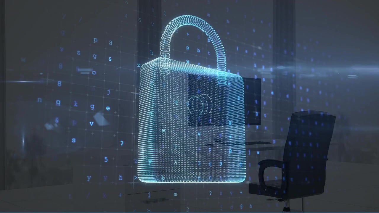 Animazione di lucchetto digitale e numeri su computer in ufficio
