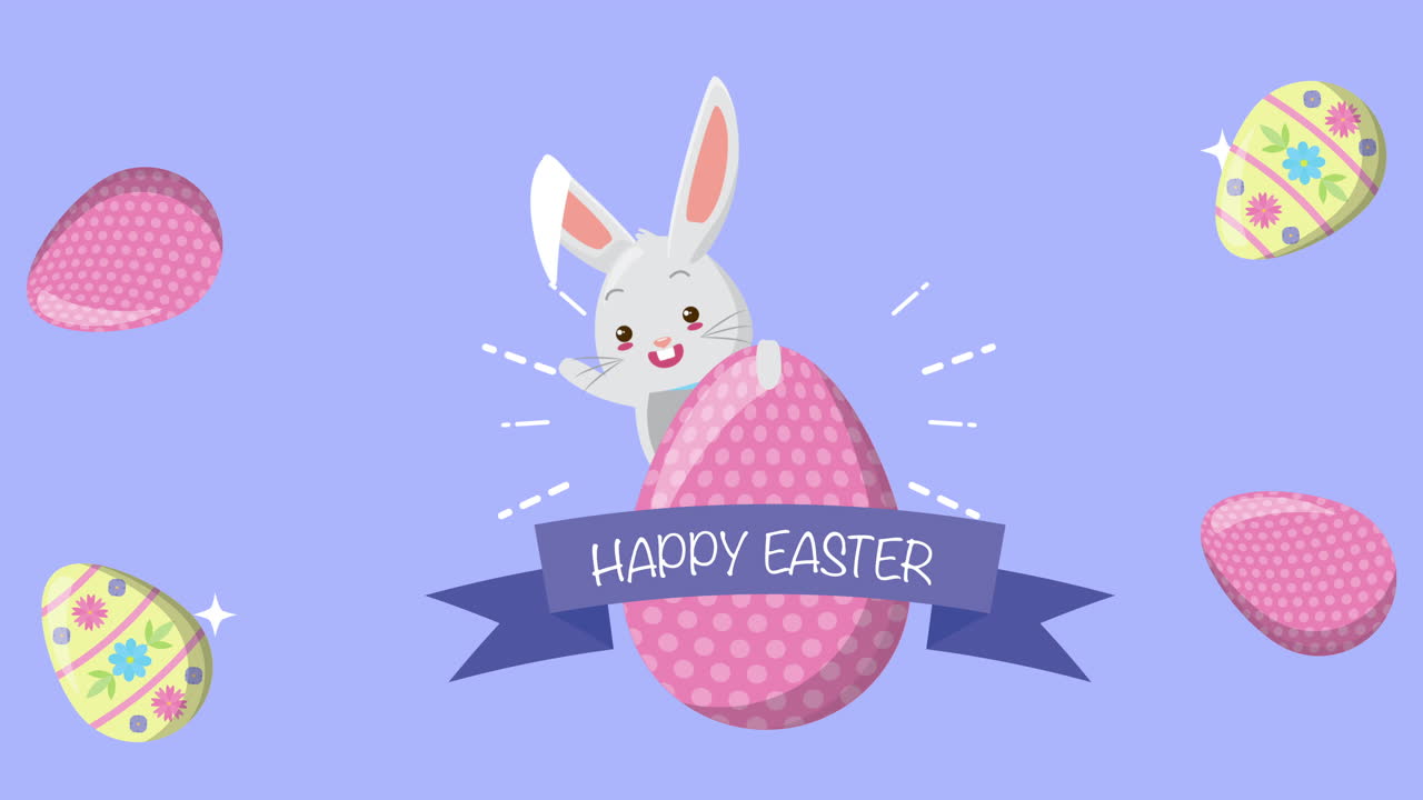 happy easter animated card with cute rabbit and eggs painted