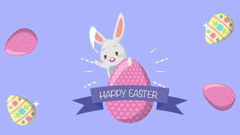 feliz pascua tarjeta animada con conejo lindo y huevos pintados