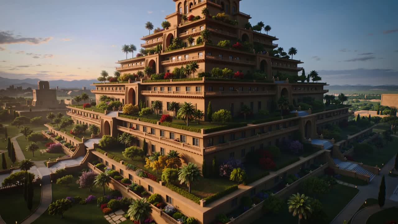 Una lenta panoramica della telecamera rivela un edificio a terrazze all'interno di giardini formali, con archi illuminati dal sole.