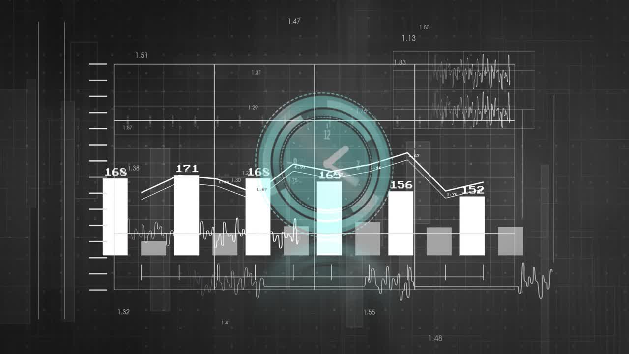 Clock icon fading in causing bars appearing, updating data, reshaping graph, highlighting waveform