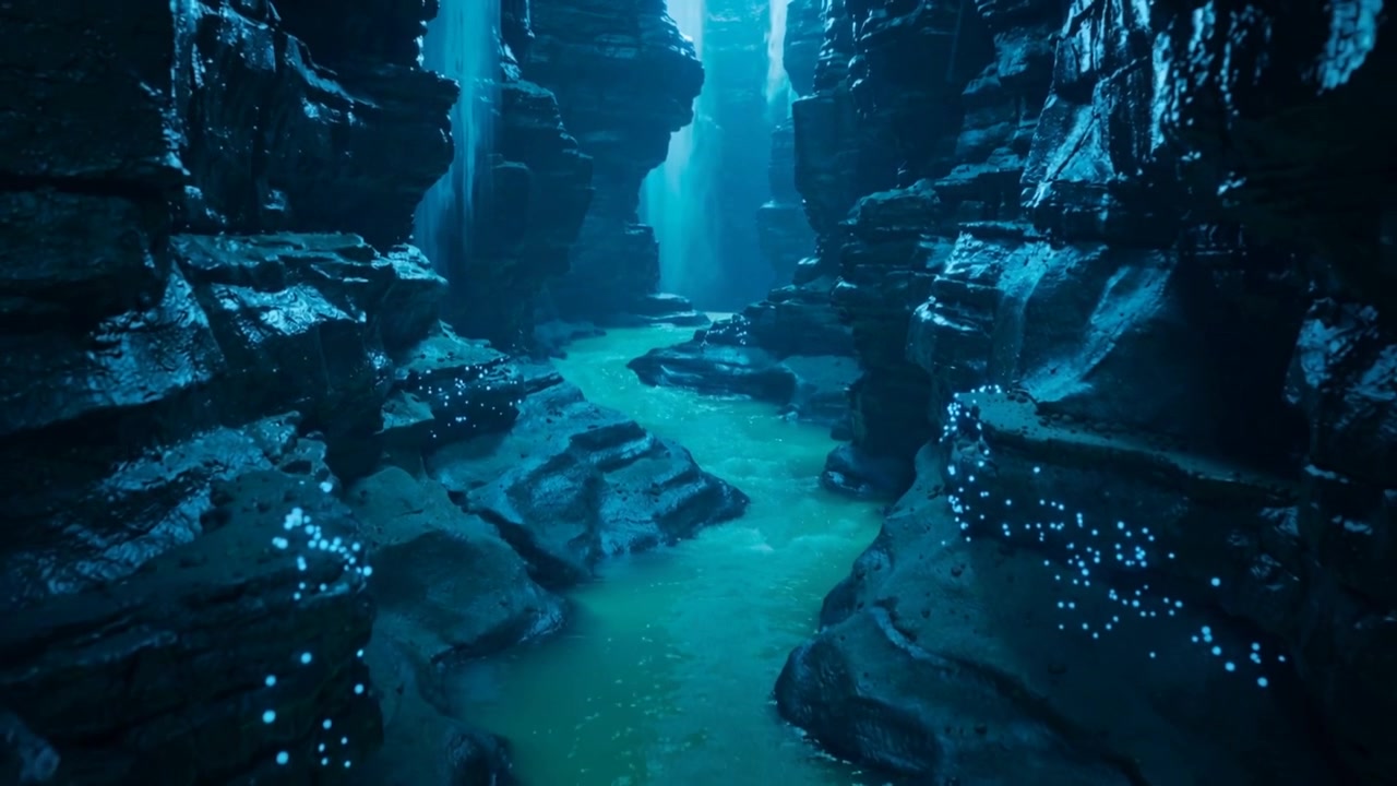 Moving toward bright opening above, camera following turquoise stream through canyon