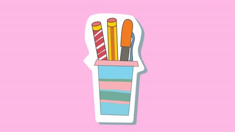 animation of school pens in container on pink background