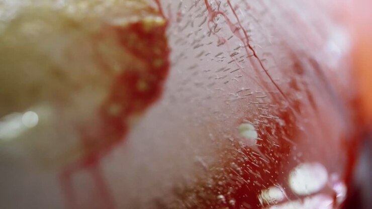 Red liquid running down a frozen flower