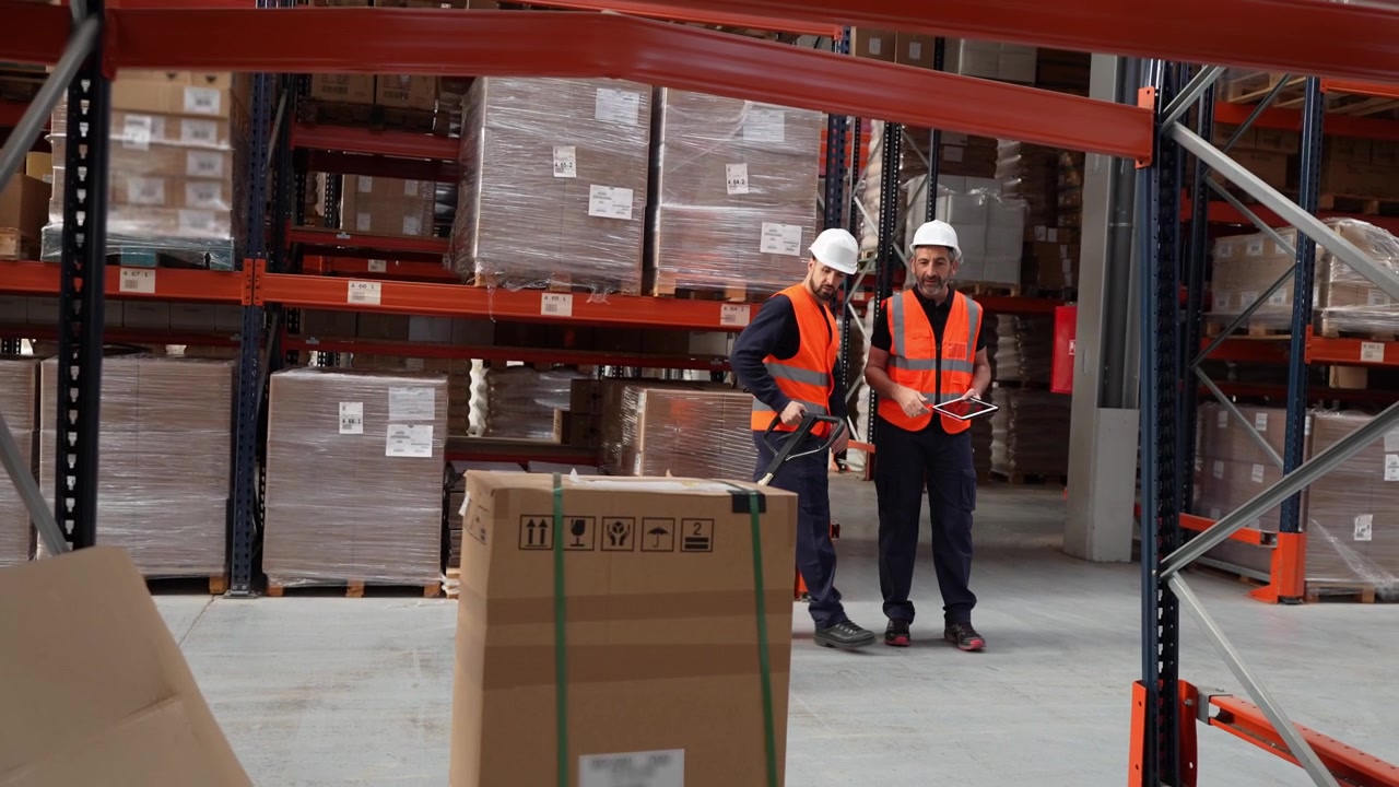 Operai del magazzino che spostano un pallet con un transpallet manuale