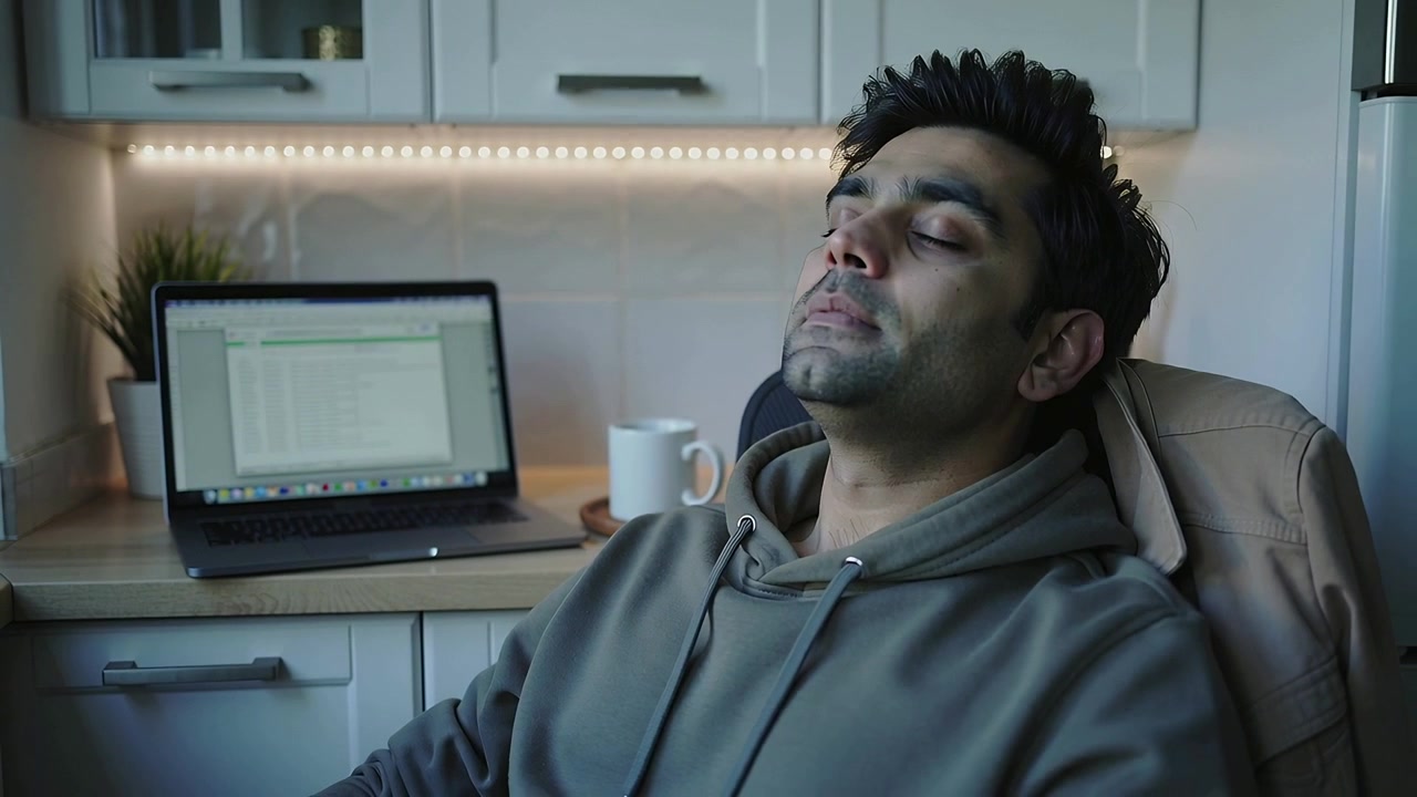 Sitting man in hoodie dozing after staring at laptop spreadsheet in home office, with mug