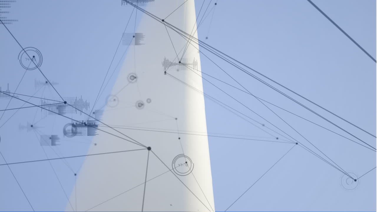 풍차 위에 서 있는 남성 건축가에 대한 연결 네트워크와 데이터 처리의 애니메이션