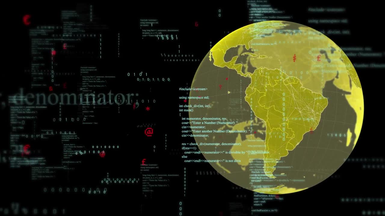 animación del procesamiento de datos y globo sobre fondo negro