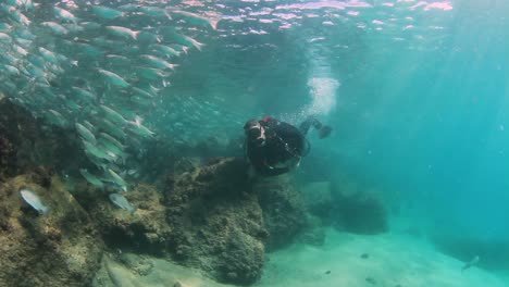 un buzo operando un scooter submarino cerca de una gran escuela de peces