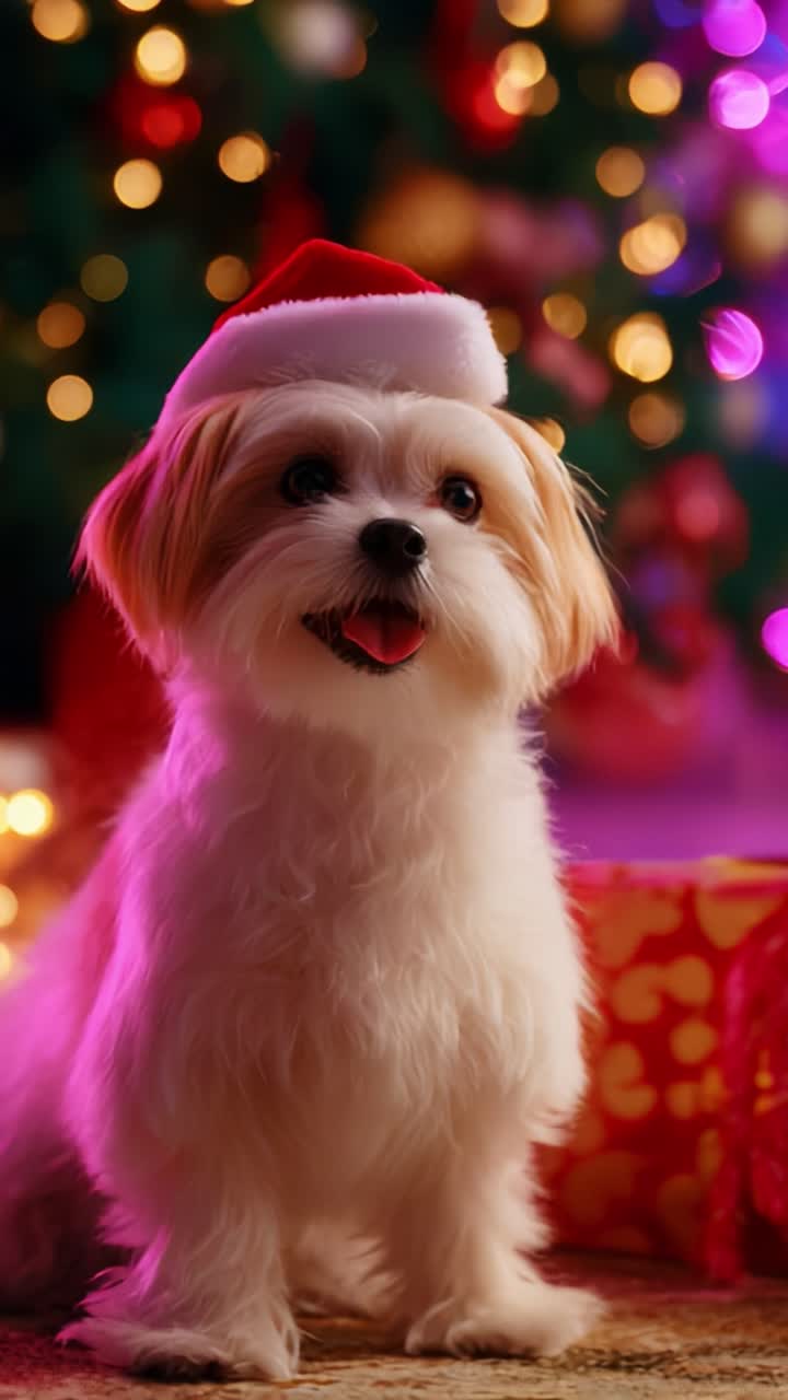 A Festively Adorned Dog in a Santa Hat Joyfully Poses Amidst a Colorfully Decorated Christmas Tree and Cheerful Holiday Gifts, Capturing the Essence of Christmas Spirit and Celebration