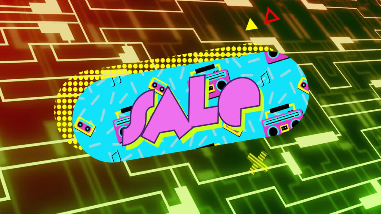Colorful Sale text with retro patterns over digital circuit animation