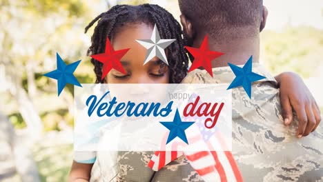 animation of happy veterans day text over male soldier embracing son